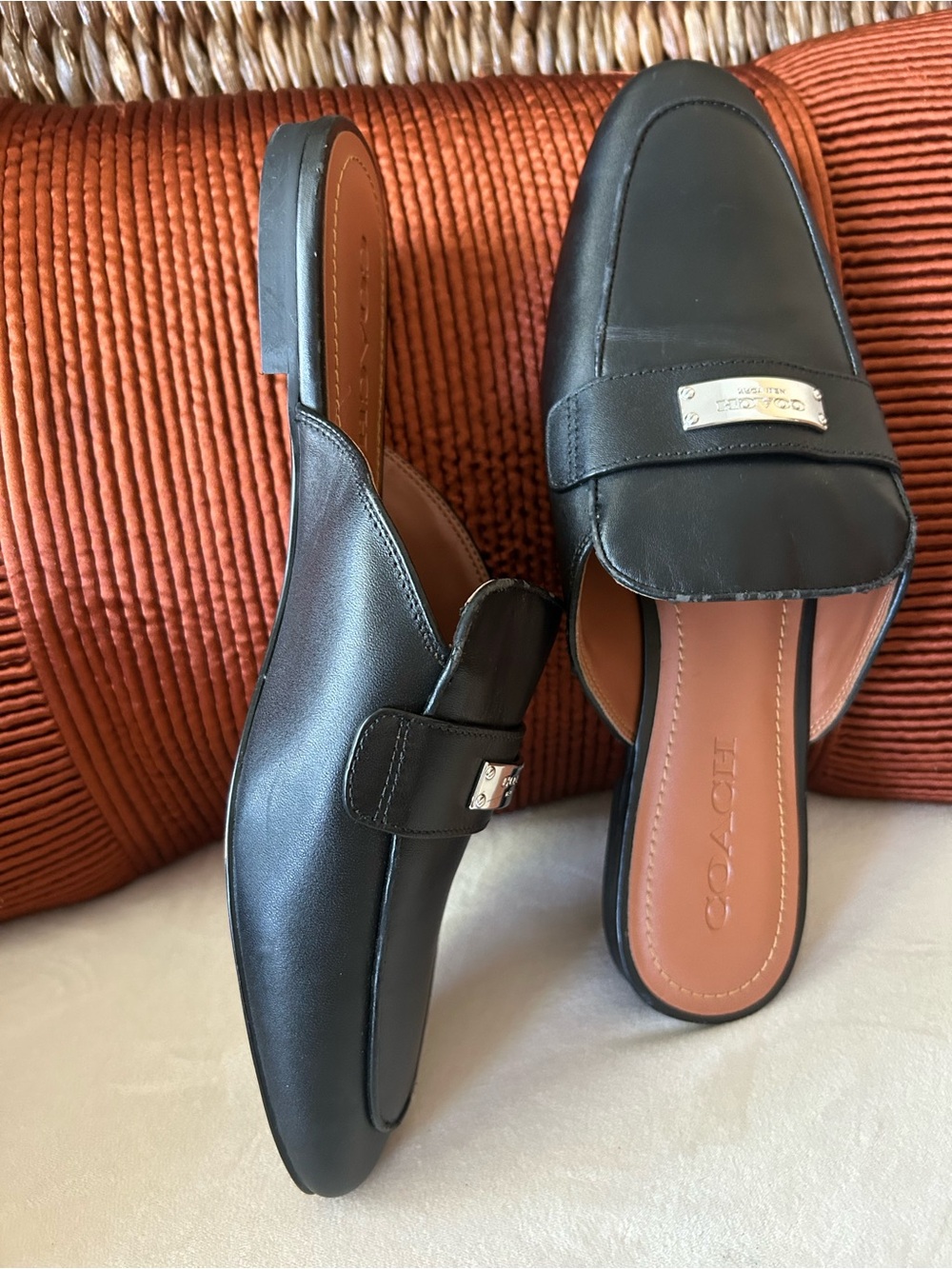 Coach Black Leather Slip-On Backless Loafers - Picture 3 of 4
